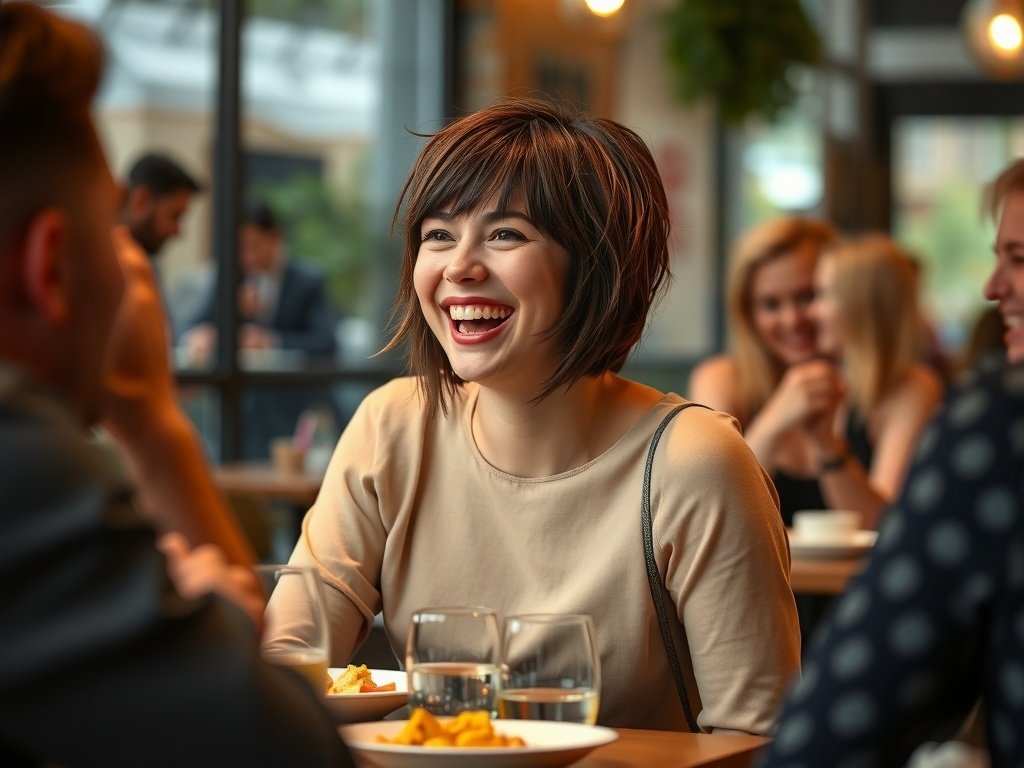 A woman enjoying time with friends, showcasing a layered bixie haircut with bangs, highlighting modern style.