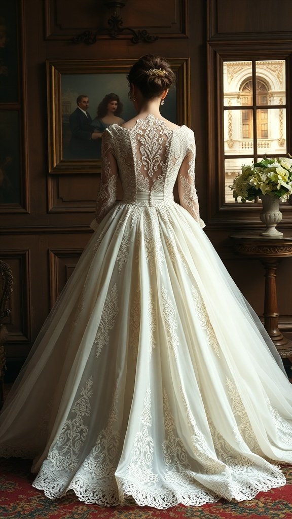 A beautiful bridal wedding dress showcasing Regency Era elegance with intricate lace details and flowing fabric.