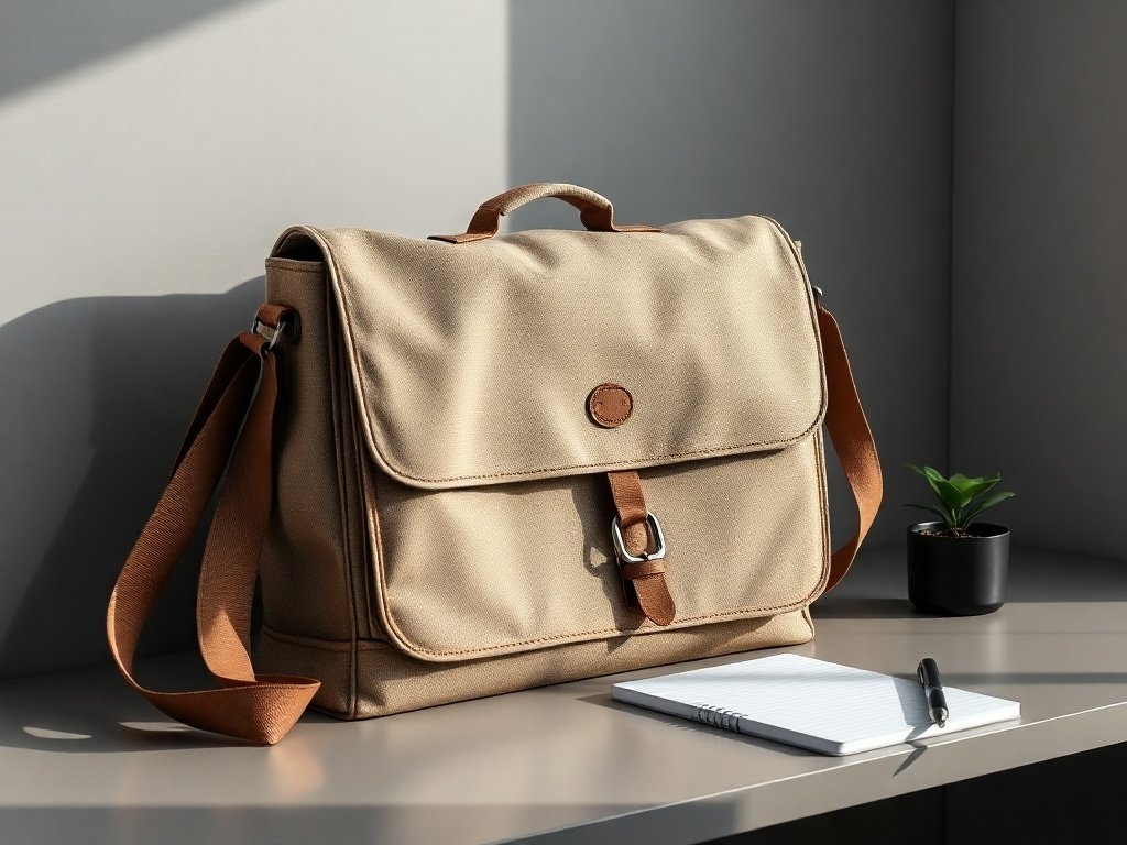 A minimalist beige messenger bag displayed on a table with a notepad and plant.