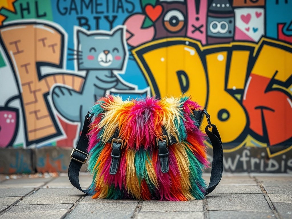 A colorful faux fur messenger bag with vibrant colors against a playful mural.