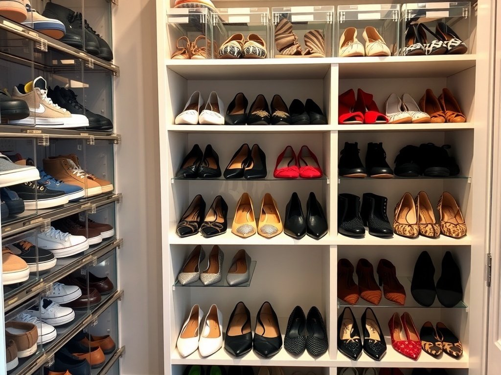 A well-organized closet showcasing various types of shoes on shelves and in clear bins.