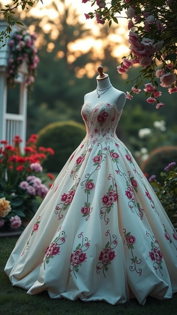 Floral embroidered ball gown displayed in a garden setting