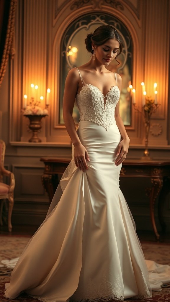 A bridal wedding dress with a pearl-embellished bodice, showcasing elegant design and a flattering silhouette.
