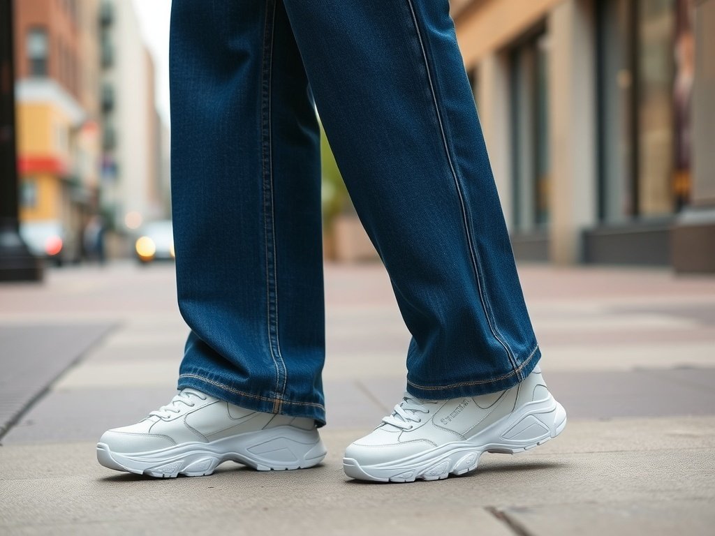 Pair of chunky white sneakers worn with wide leg jeans on city pavement.