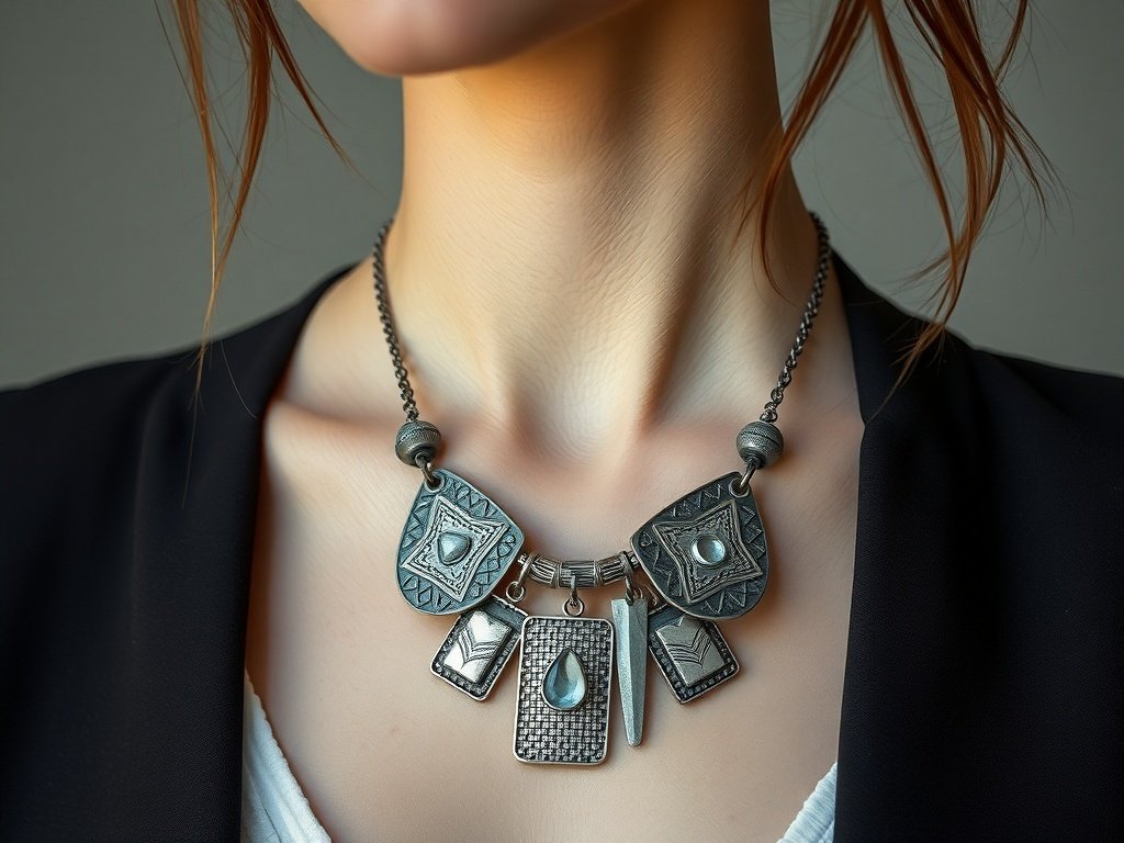 A layered pewter necklace featuring mixed media charms worn by a fashionable model.