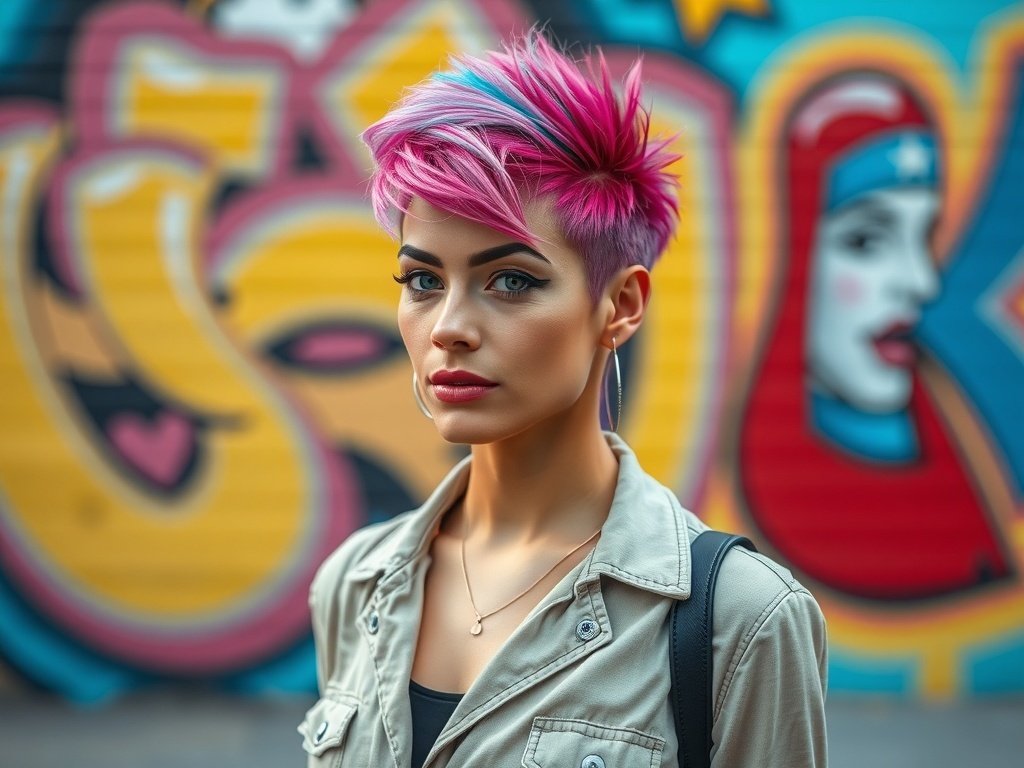 A woman with vibrant pink and blue bixie haircut, standing against a colorful graffiti backdrop.