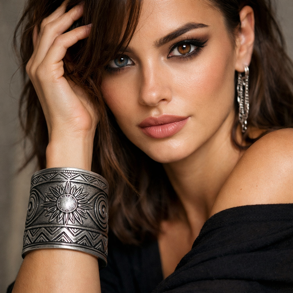 Fashionable model showcasing a bold cuff bracelet with engraved patterns.
