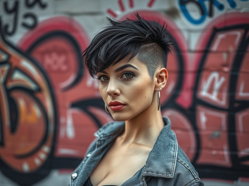 A woman with an edgy undercut pixie haircut posed in front of graffiti.